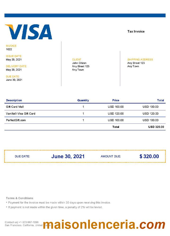 Szablon faktury Visa USA formaty Word i PDF